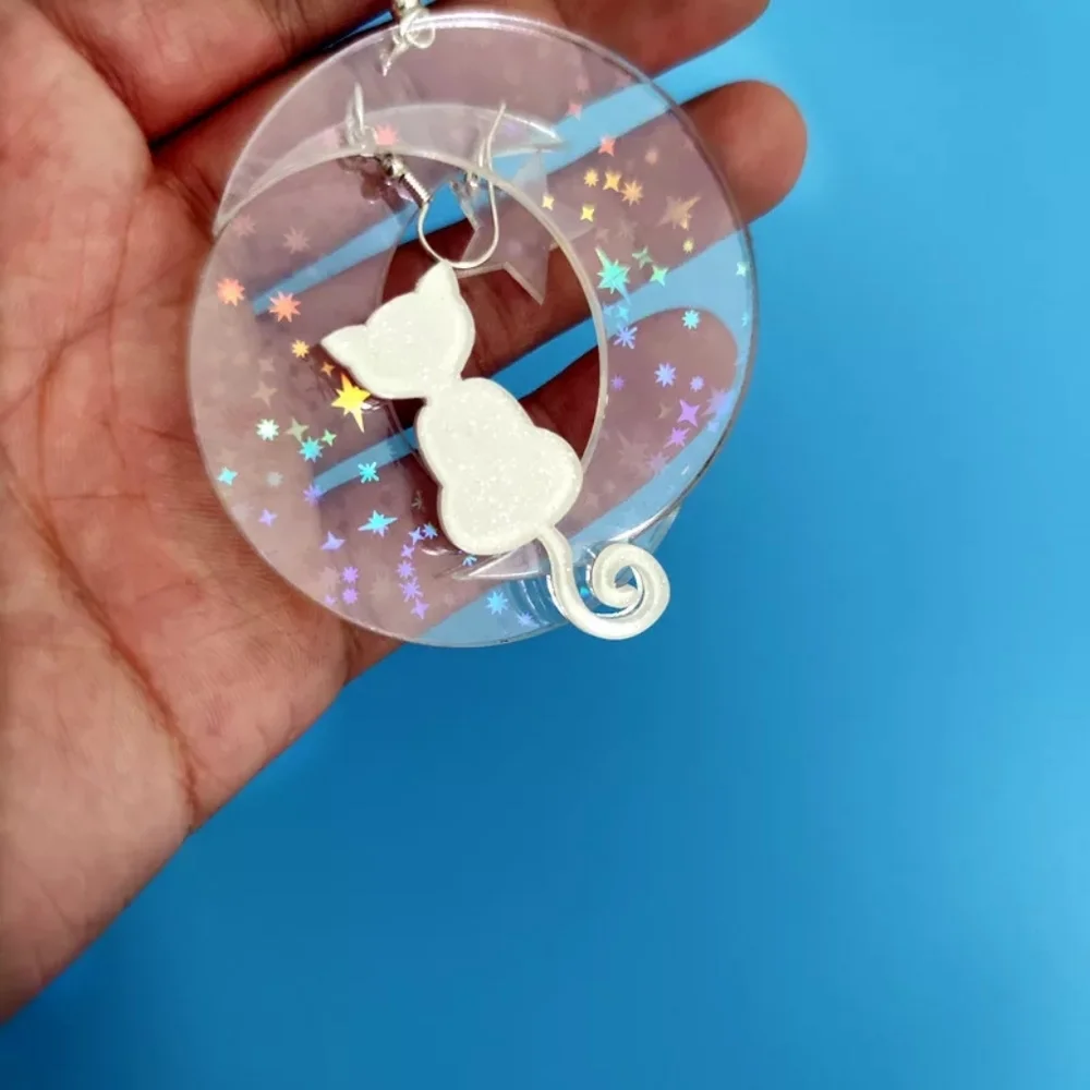 Cat on a Crescent Moon Acrylic Statement Earrings